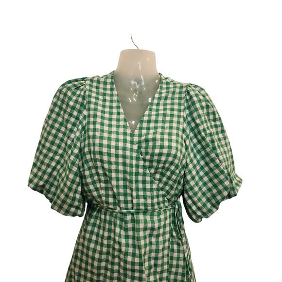 Old Navy Above The Knee Linen Waist-Defined Wrap Gingham Dress Green Medium - Picture 5 of 9
